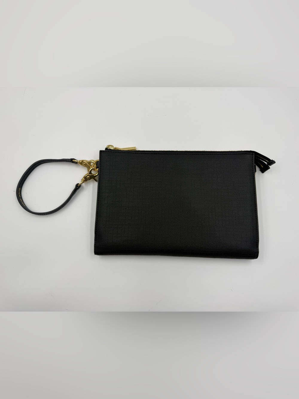 Dagne Dover Black Leather Wristlet with Gold Hardware